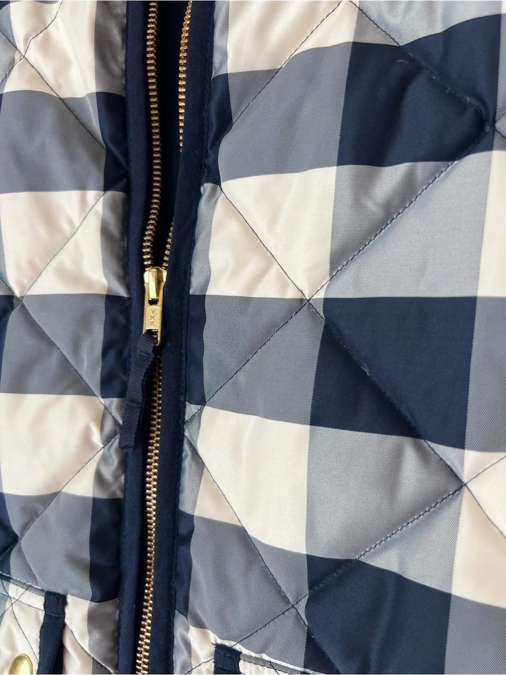 J.Crew Excursion Quilted Down Vest Navy Cream Buffalo Plaid